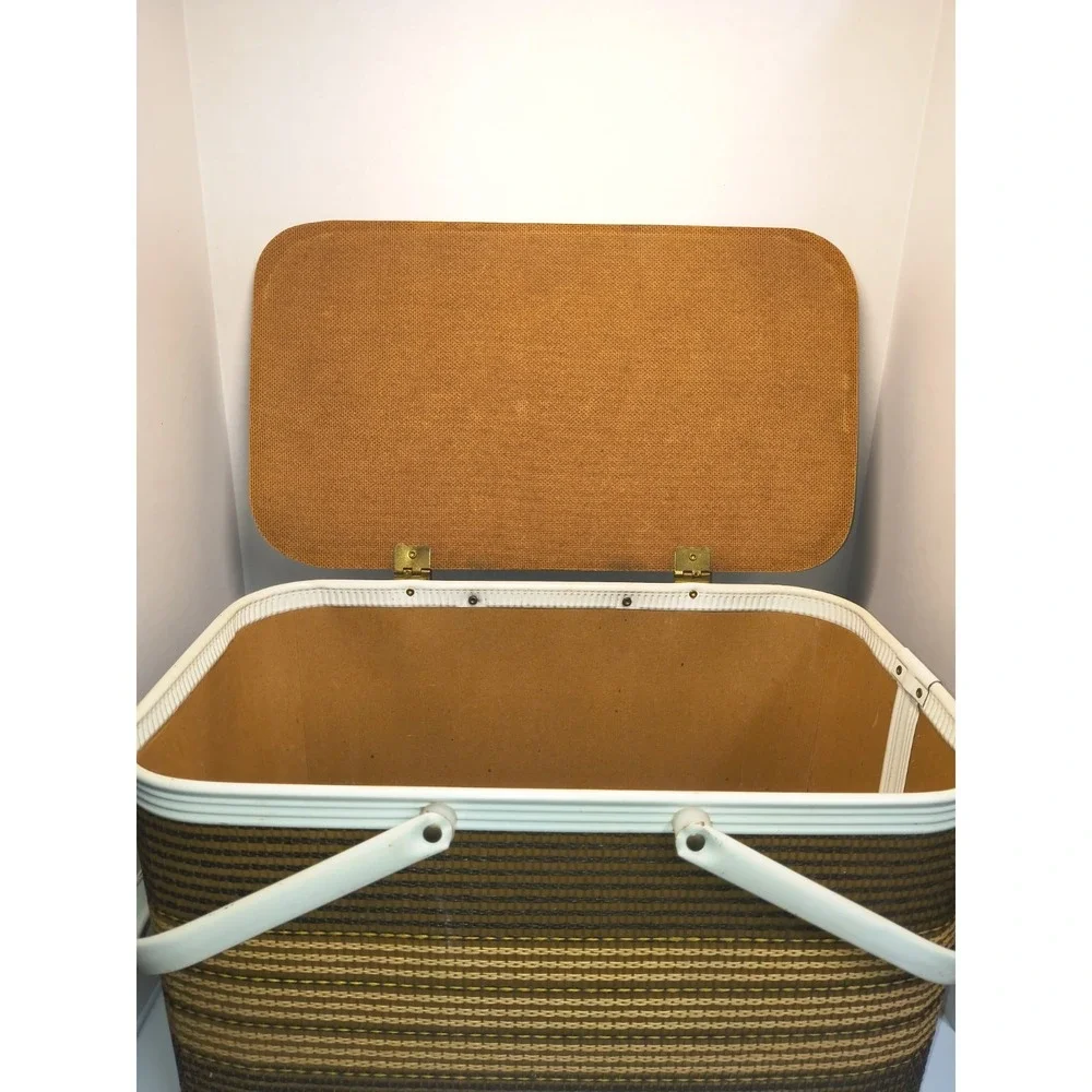Vintage Redmon Picnic Basket Brown Stripe Dual Metal Handles Hinged Lid